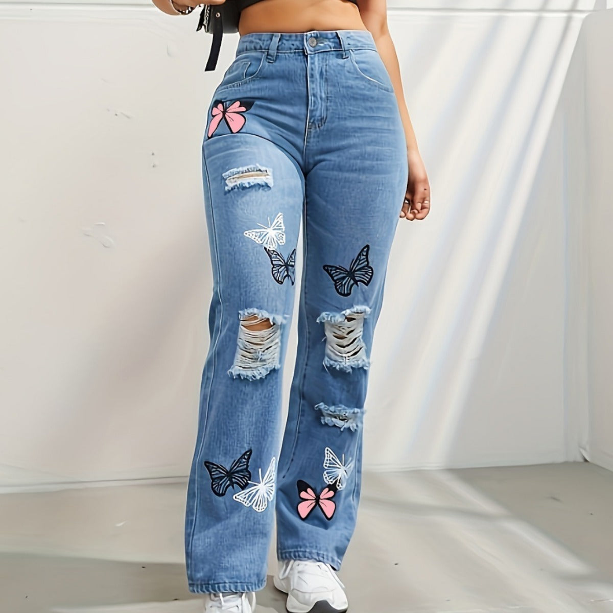 Denim Pants High Waisted Straight Leg Jeans For Women Trendy Butterfly Print Ripped Distressed Denim Pants