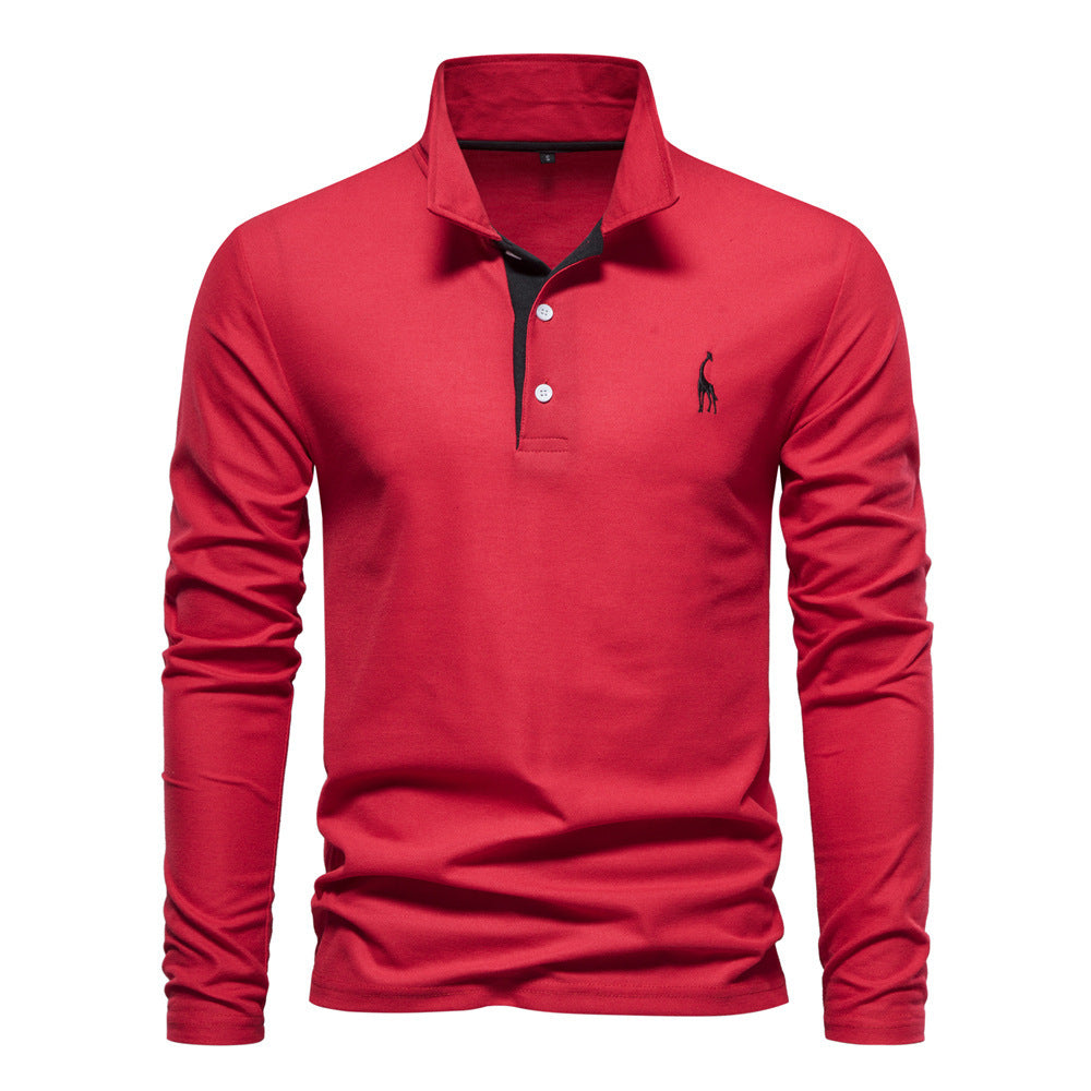 Long Sleeve Polo Collar  shirt Men's Fashion Casual Polo Collar Deer Embroidered Long Sleeve