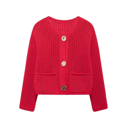 Women's Fashion Pocket Round Neck Thick Needle Knitted Coat