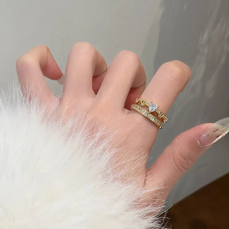 Ring Female Dual Layer Rhinestone Loving Heart Zircon Ring Female Dual Layer Open-end
