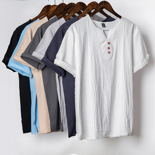 Short-sleeved Men's T-shirt Men's Trendy Cotton And Linen Solid Color Thin Casual Short-sleeved Men's T-shirt