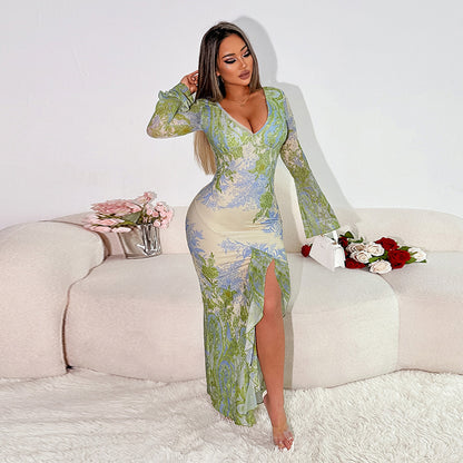 Women's Autumn Dress Elegant Slim Print Irregular Dress