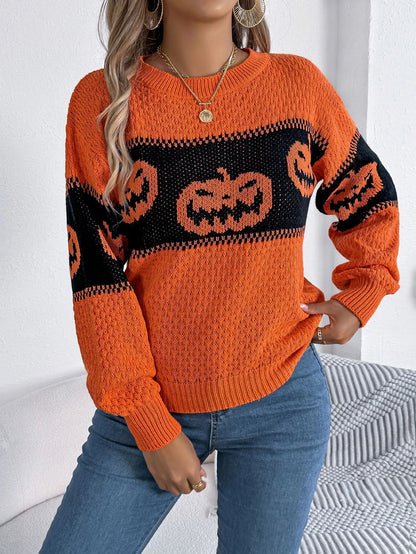 Halloween Pumpkin Pullover Sweater Fashion Long Sleeve Knitted Tops For Women Clothing