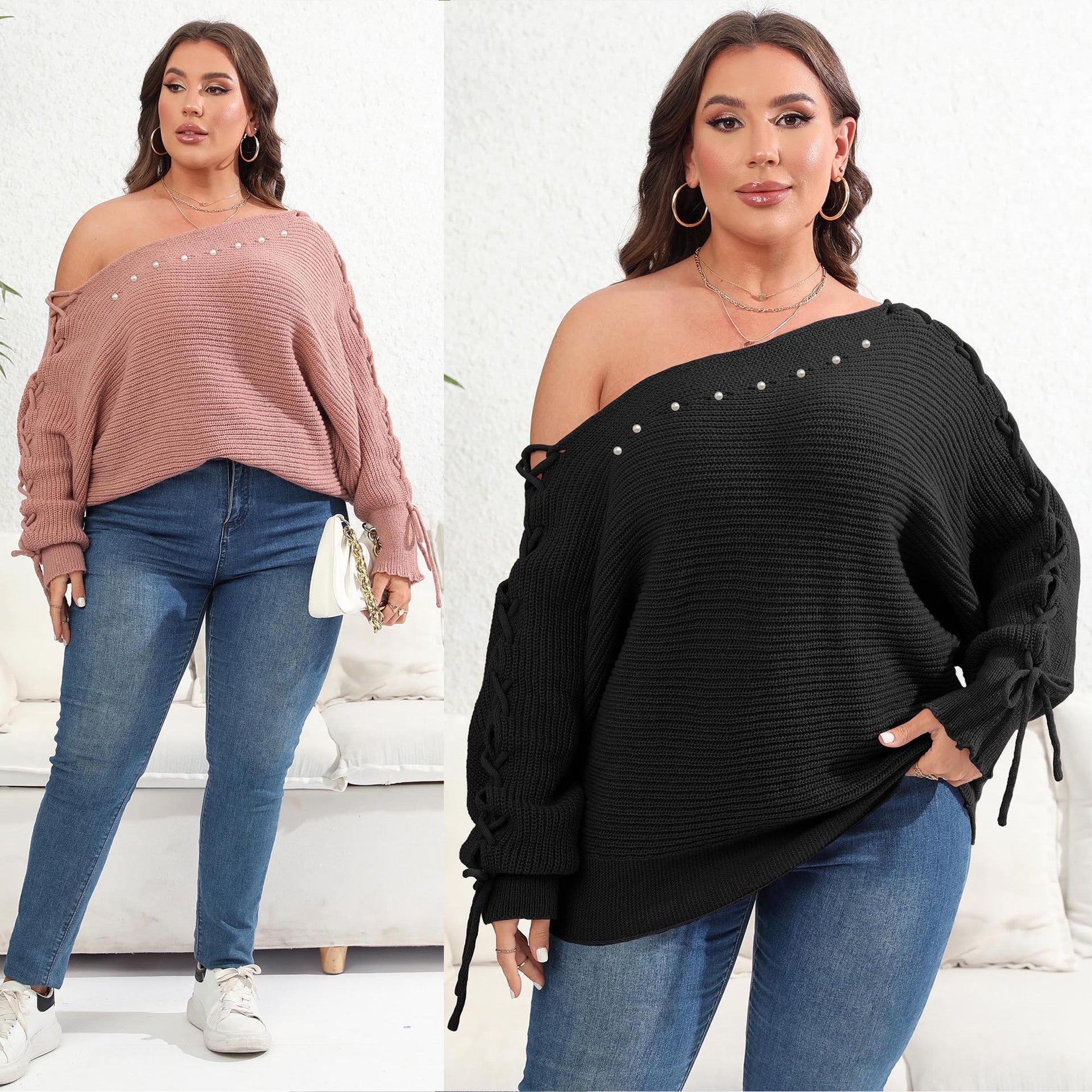 Sleeve Sweater Women's Top Plus Size Lace Up Batwing Sleeve Sweater