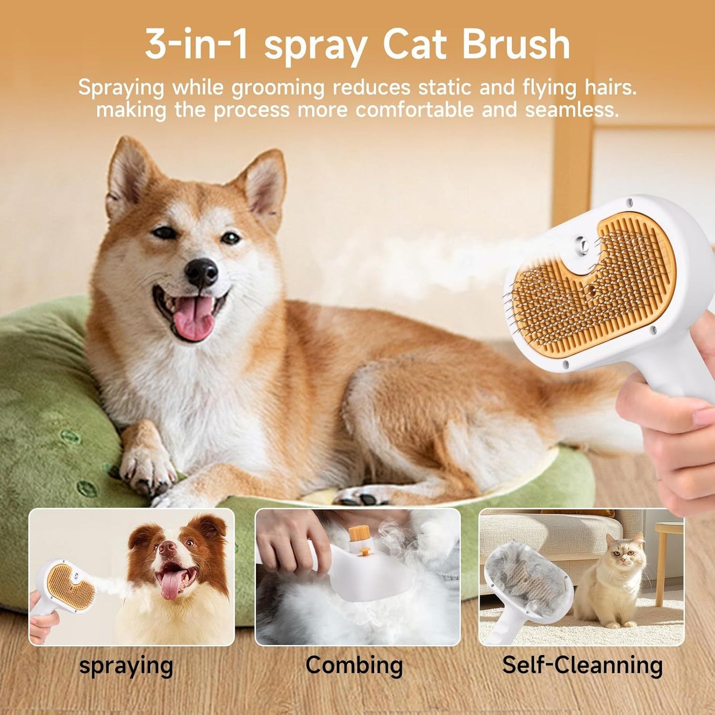 Universal Pet Steam Brush For Cats And Dogs 3-in-1 Spray Hair Removal Comb With Waterless Shampoo
