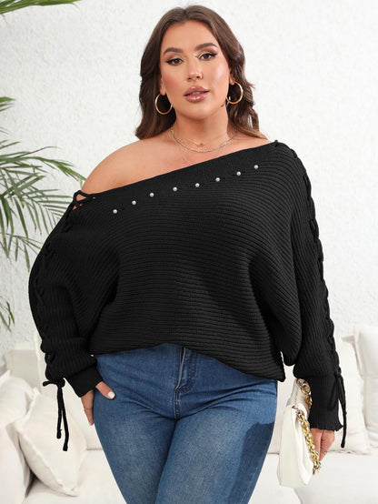 Sleeve Sweater Women's Top Plus Size Lace Up Batwing Sleeve Sweater