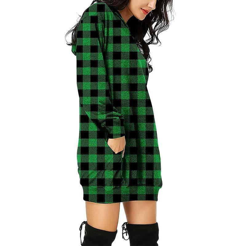 Long Sleeve Sweatshirt Printed Plaid Mid Length Hooded Long Sleeve Sweatshirt Women's