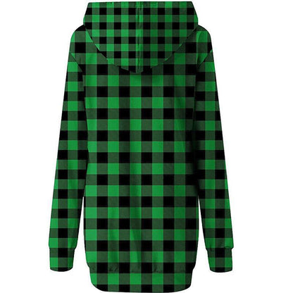 Long Sleeve Sweatshirt Printed Plaid Mid Length Hooded Long Sleeve Sweatshirt Women's