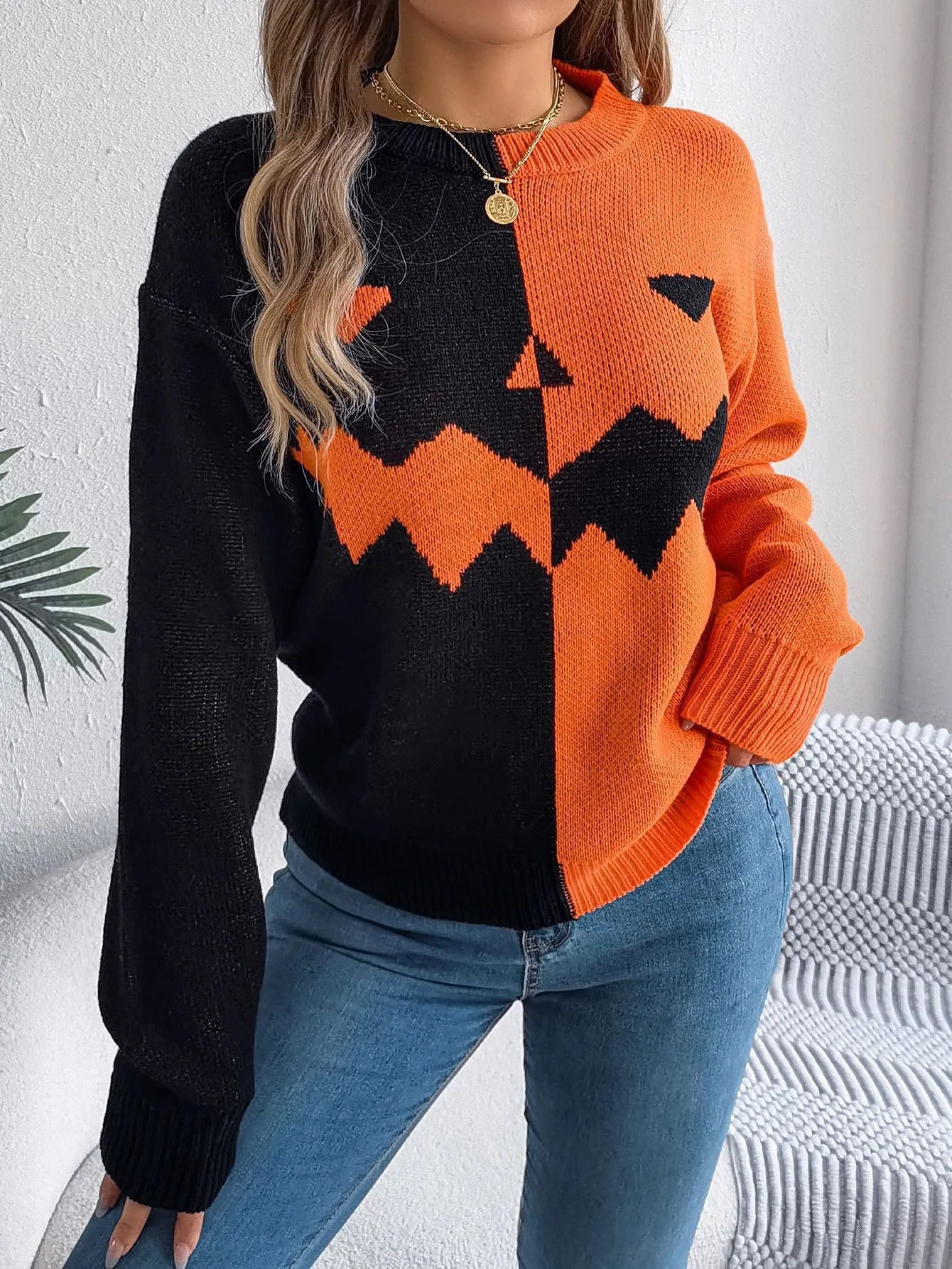 Halloween Pullover Sweater Contrast-color Pullover Sweater Fashion Long Sleeve Knitted Tops For Womens Clothing