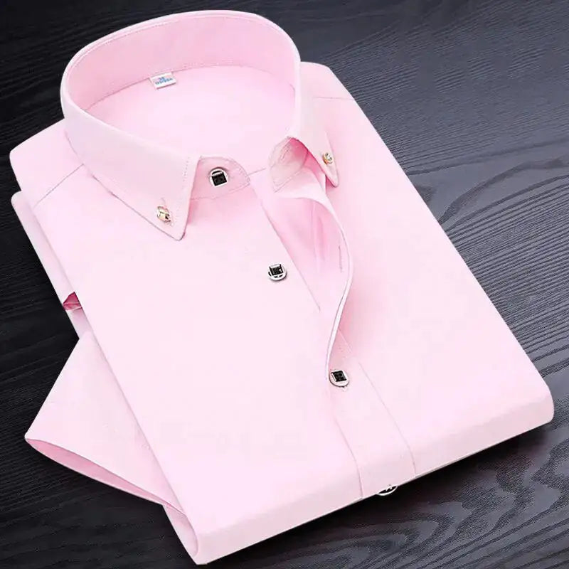 High Quality Non-ironing Men Dress Shirt Short Sleeve New Solid Male Clothing Fit Business Shirts White Blue Navy Black Red - sumet.shop