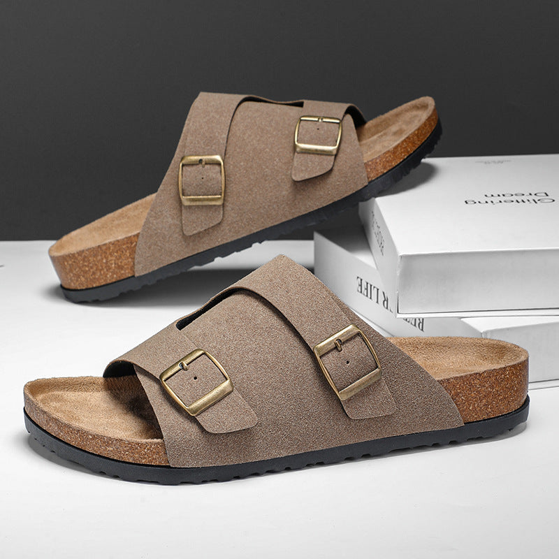 Double-breasted Cork Suede Sandals - sumet.shop