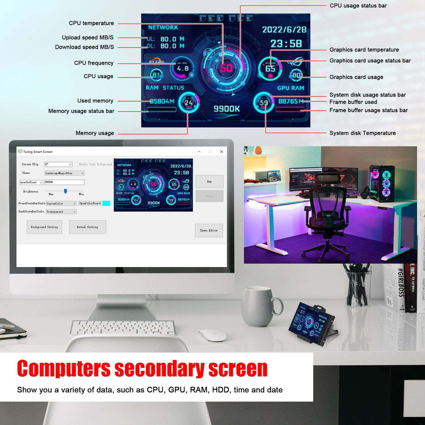 Computer Small Secondary Screen IPS Full View USB Chassis Monitor Date Display