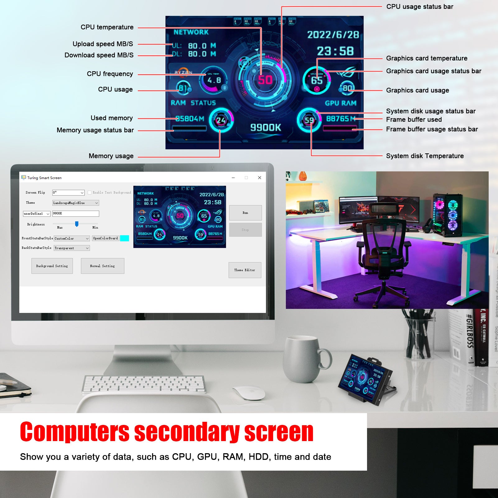 Computer Small Secondary Screen IPS Full View USB Chassis Monitor Date Display