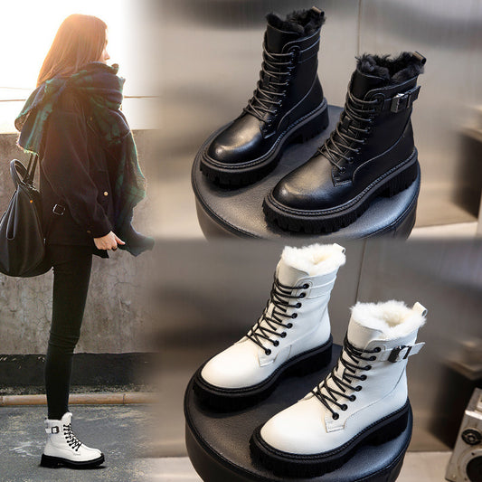 Women's Martin Boots Mid-tube Wool Thick Heel Boots Plus Cashmere Martin Boots