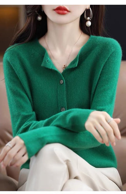 Cashmere Wool Cardigan Sweater Women's O-Neck Long-sleeve