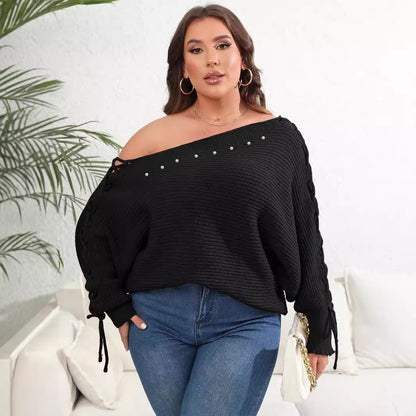 Sleeve Sweater Women's Top Plus Size Lace Up Batwing Sleeve Sweater