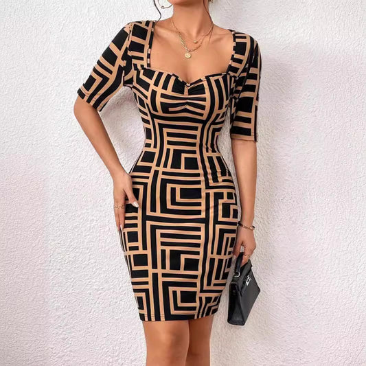 Mid-sleeve Dress New Fashion Printed Square Collar Waist-tight Mid-sleeve Dress