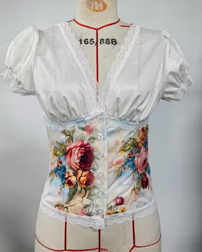 V-Neck Lace Puff Sleeve Corset-Style Top