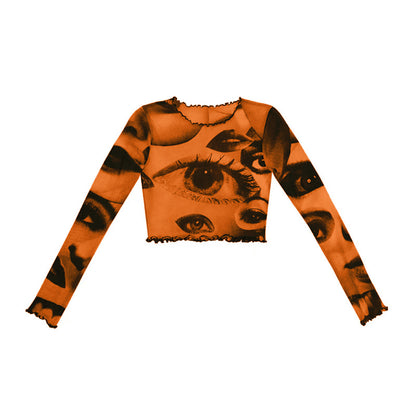 New Style Women's Mesh Gauze Big Eyes Print Short Cropped Top T-shirt Wood Ears