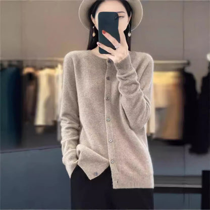 Cashmere Wool Cardigan Sweater Women's O-Neck Long-sleeve