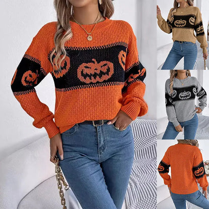 Halloween Pumpkin Pullover Sweater Fashion Long Sleeve Knitted Tops For Women Clothing