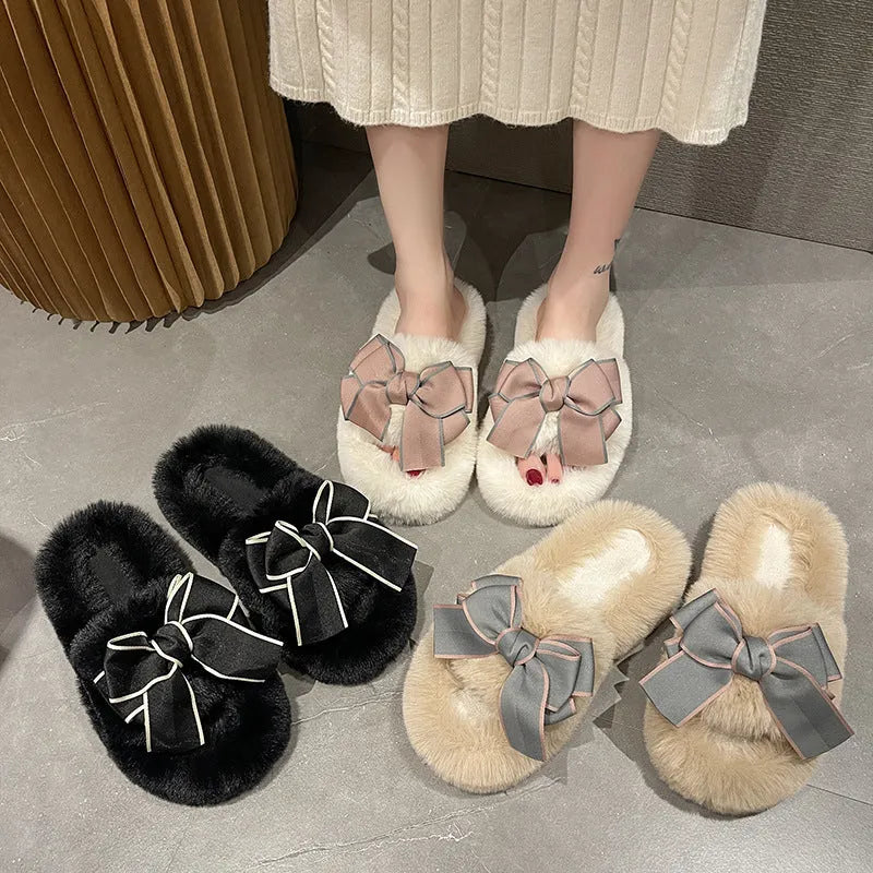 Flat Slippers Cute Fashion Bowknot Plush Flat Slippers