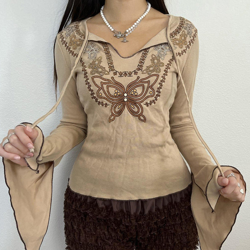 Women's Hollow Out Tied Split Flare Long-sleeved Top