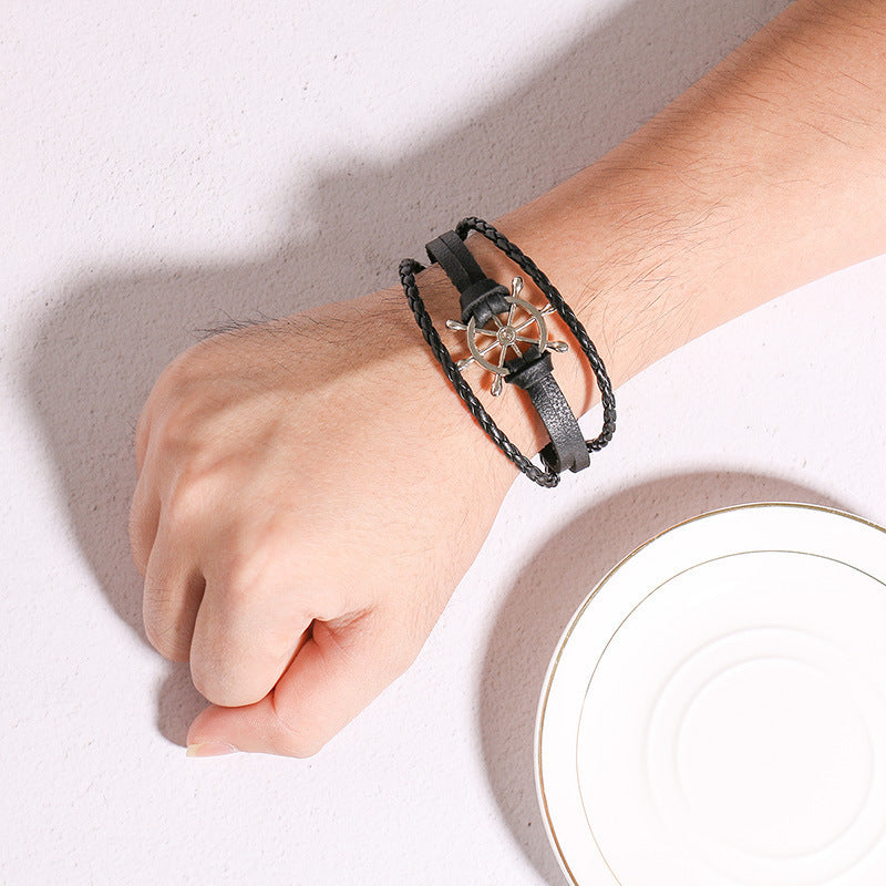 Leather Bracelet Black Alloy Buckle Rudder - sumet.shop