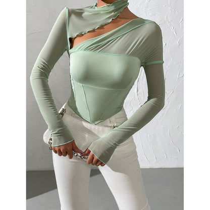 Europe And America's New Slim-Fitting T-shirt Women's Mesh Splicing Hollow