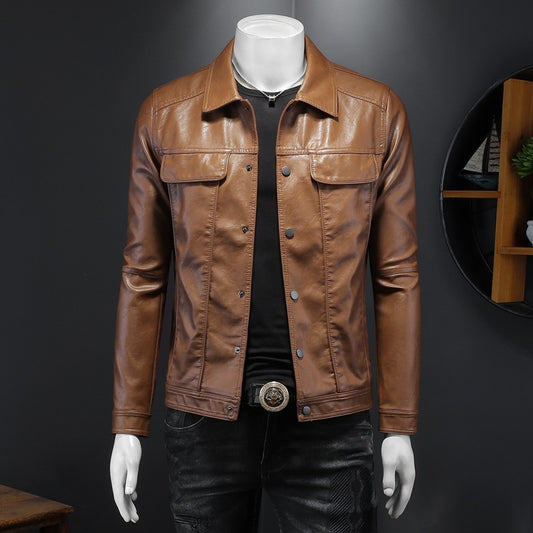 Men's Long-sleeved Lapel Motorcycle Pu Handsome Leather Coat - sumet.shop