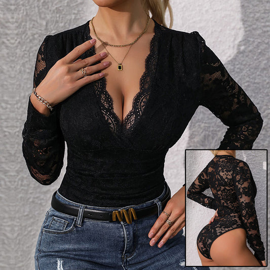 Long Sleeve Bodysuit  Women's Lace Up Long Sleeve Bodysuit Romper Sexy Deep V Neck Snap Croth Leotard Tee Top For Women