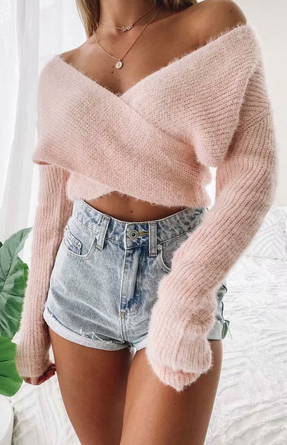 Sexy Cross V-neck Long Sleeve Top Knitted Sweater