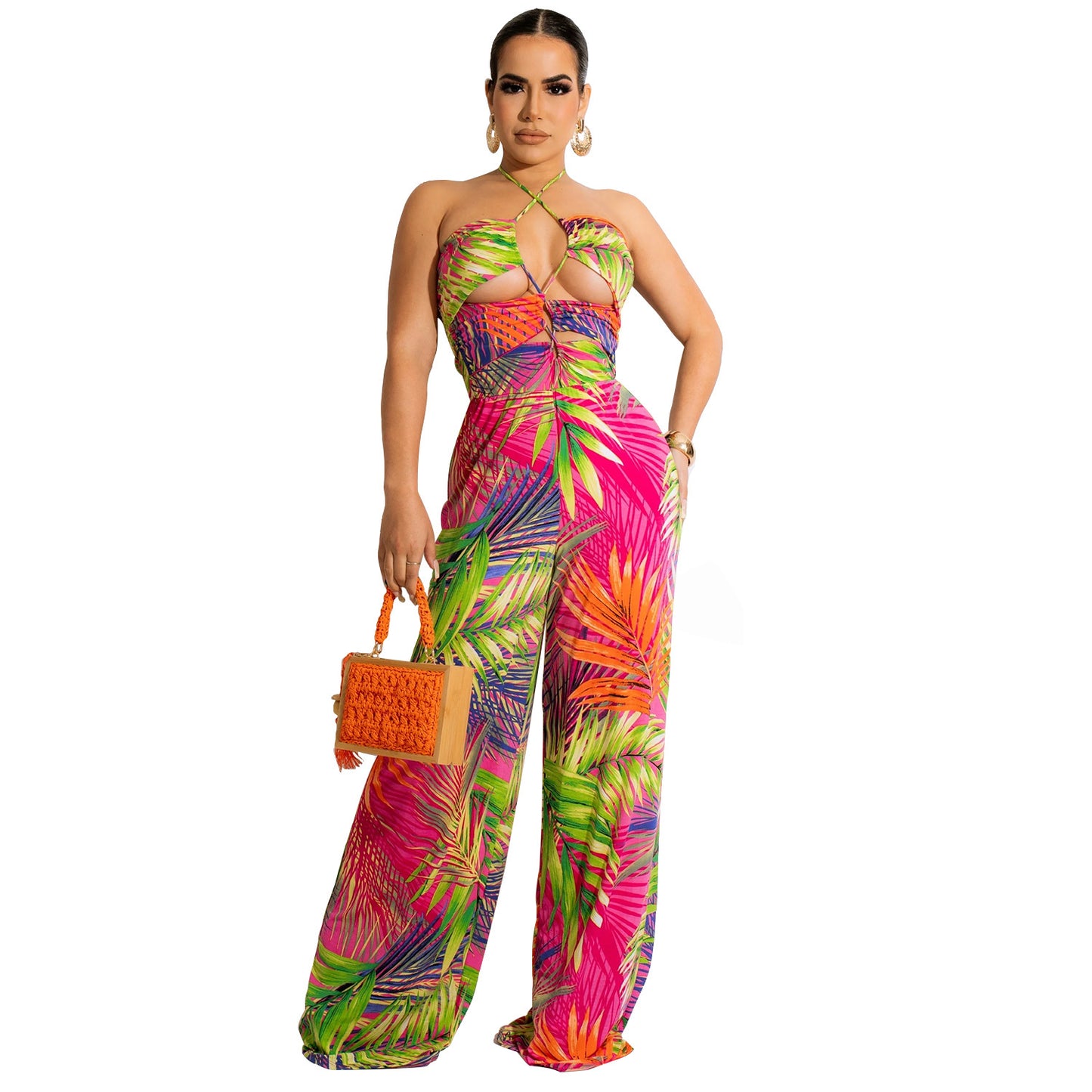 Wide Leg Pants Women's Fashion Digital Print Wrap Chest Wide Leg Pants