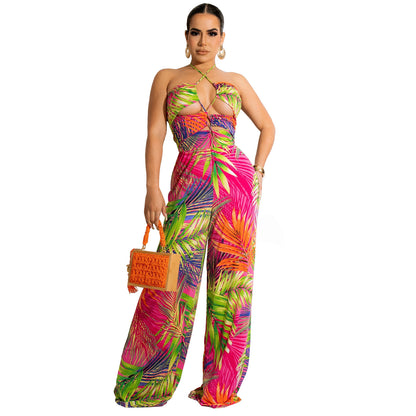 Wide Leg Pants Women's Fashion Digital Print Wrap Chest Wide Leg Pants