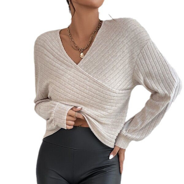 Niche V-neck Cross Pullover Long-sleeved T-shirt For Women