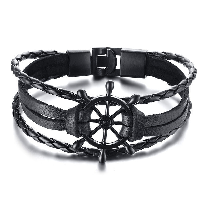 Leather Bracelet Black Alloy Buckle Rudder - sumet.shop