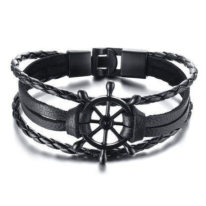 Leather Bracelet Black Alloy Buckle Rudder - sumet.shop