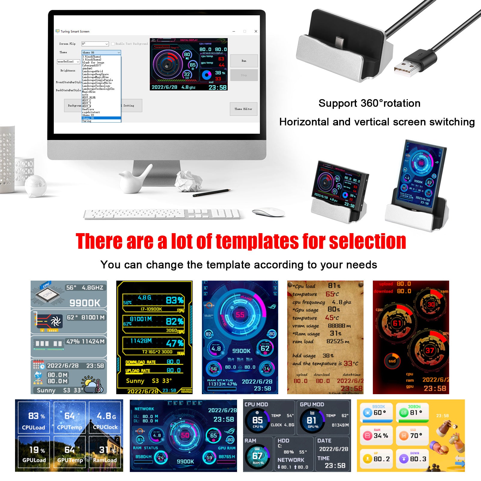 Computer Small Secondary Screen IPS Full View USB Chassis Monitor Date Display