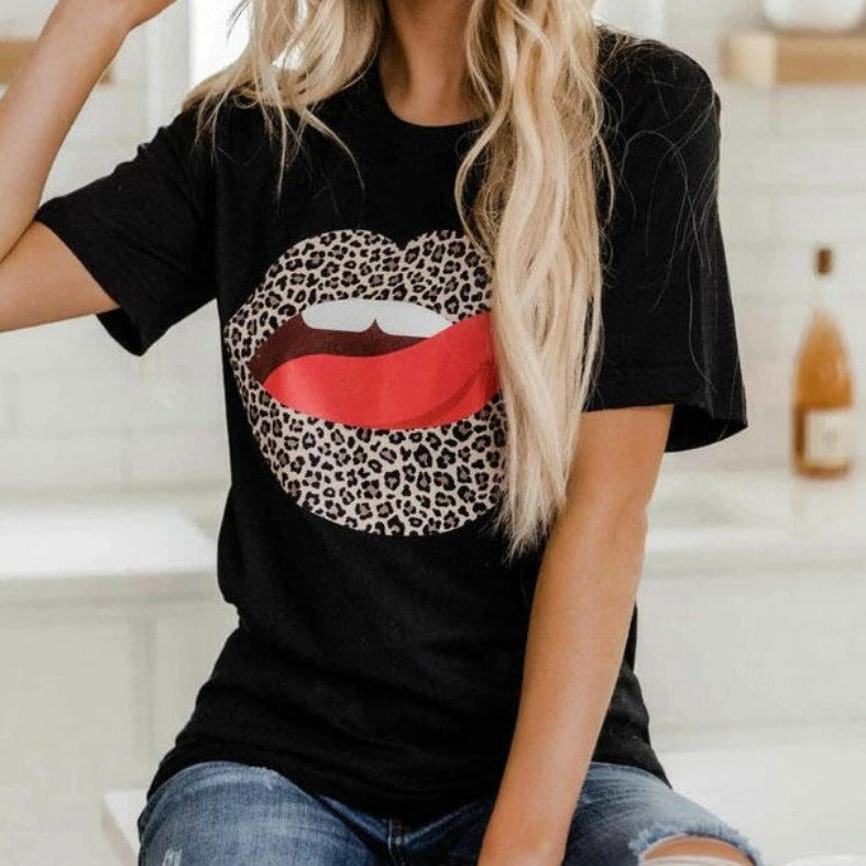 Lips Leopard Print Round Neck Short-sleeved Tshirt Women