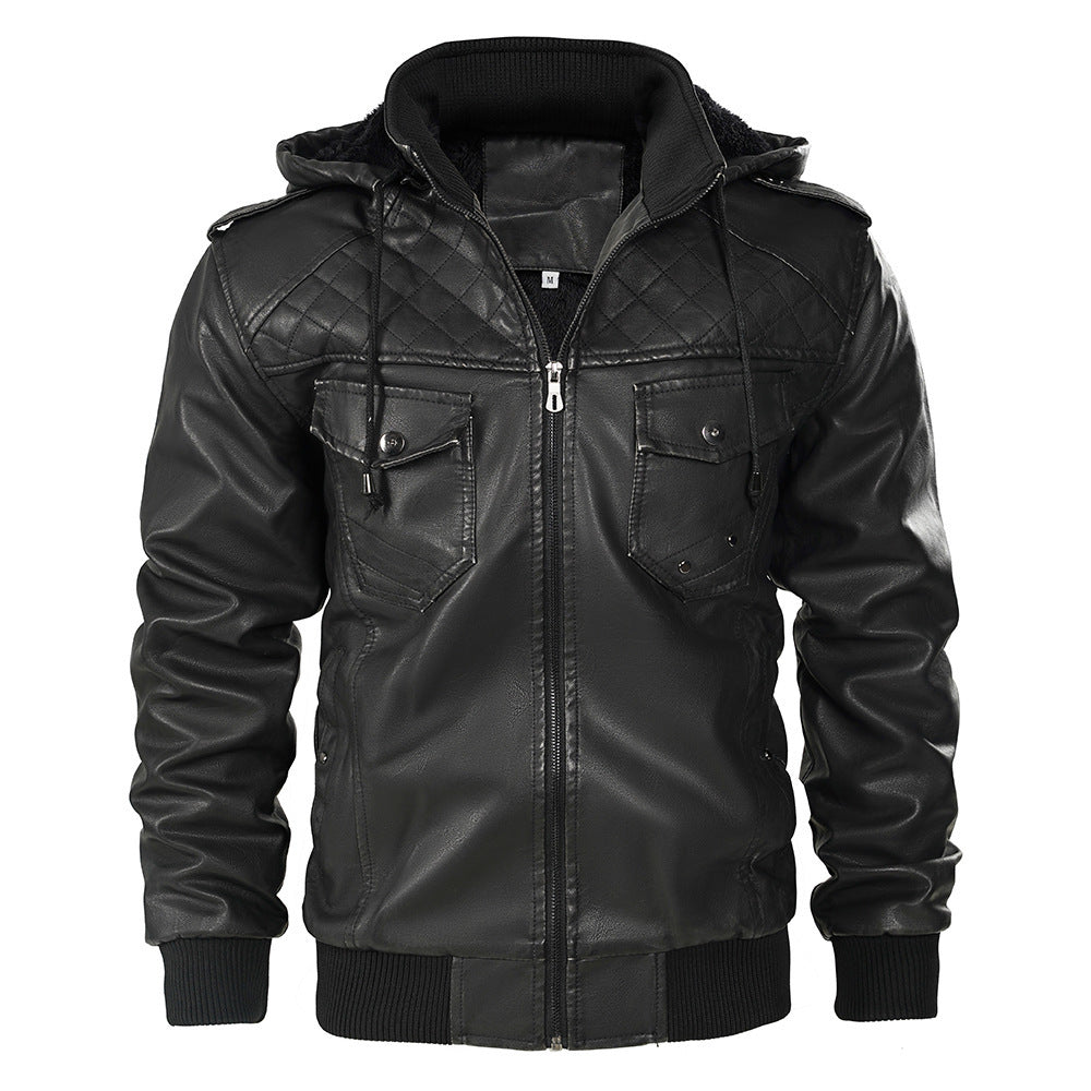 Hooded Leather Jacket Fleece-lined Men's Autumn And Winter New - sumet.shop