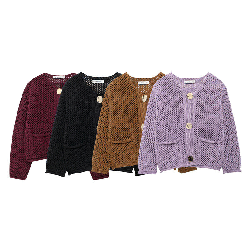 Women's Fashion Pocket Round Neck Thick Needle Knitted Coat