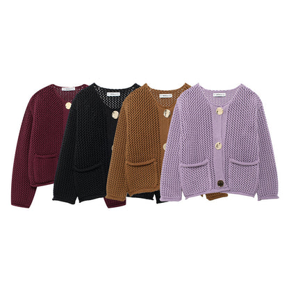 Women's Fashion Pocket Round Neck Thick Needle Knitted Coat