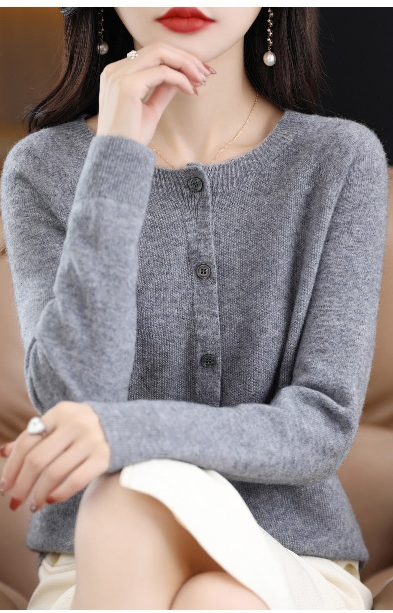 Cashmere Wool Cardigan Sweater Women's O-Neck Long-sleeve