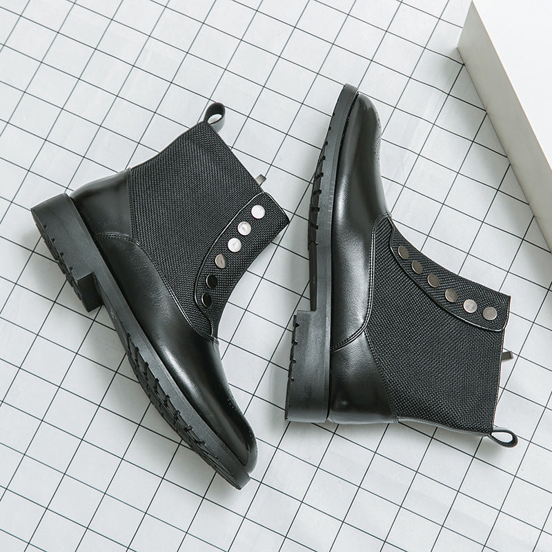 Casual Men's Leather Shoes Cloth Stitching High Top Wild British Martin Casual Men's Leather Shoes