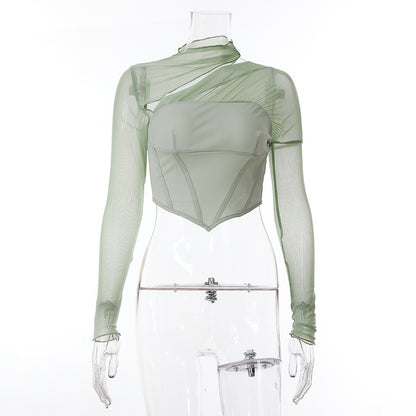 Europe And America's New Slim-Fitting T-shirt Women's Mesh Splicing Hollow