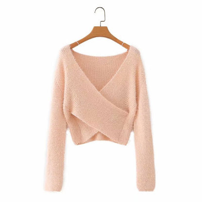 Sexy Cross V-neck Long Sleeve Top Knitted Sweater