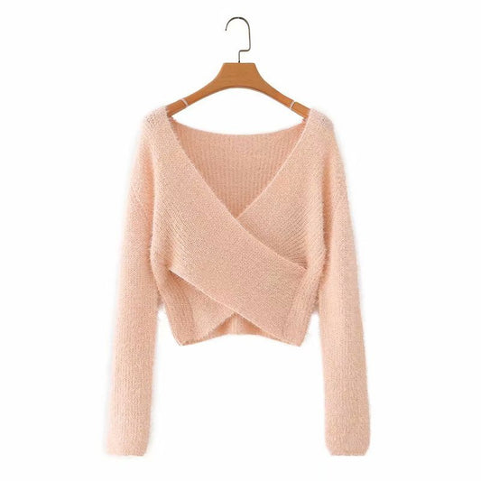 Sexy Cross V-neck Long Sleeve Top Knitted Sweater