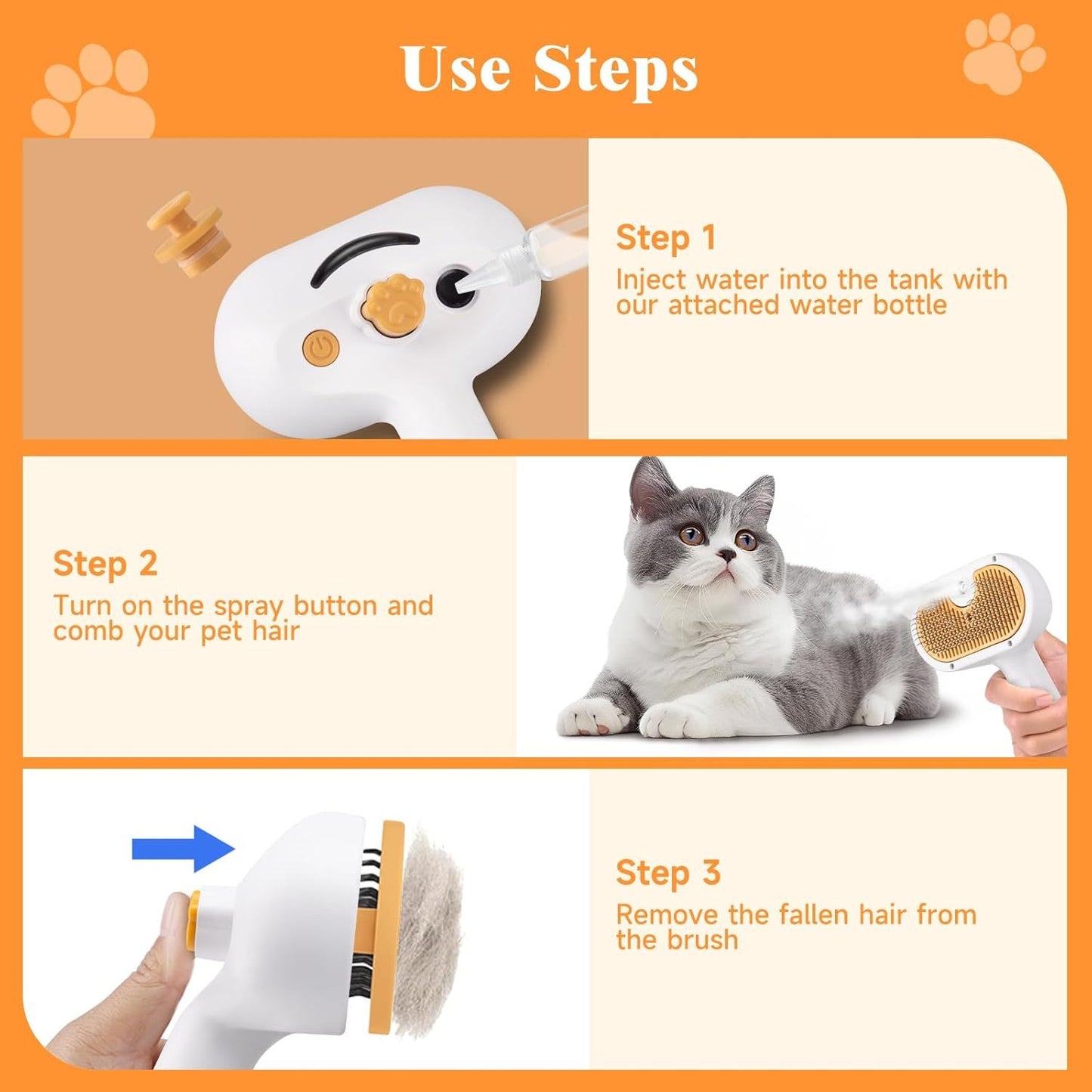 Universal Pet Steam Brush For Cats And Dogs 3-in-1 Spray Hair Removal Comb With Waterless Shampoo