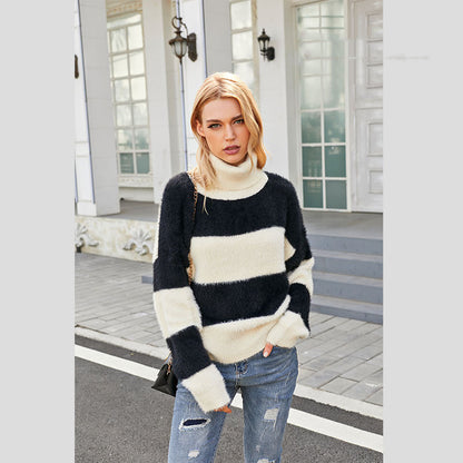 Black And White Striped Women All-match Loose
