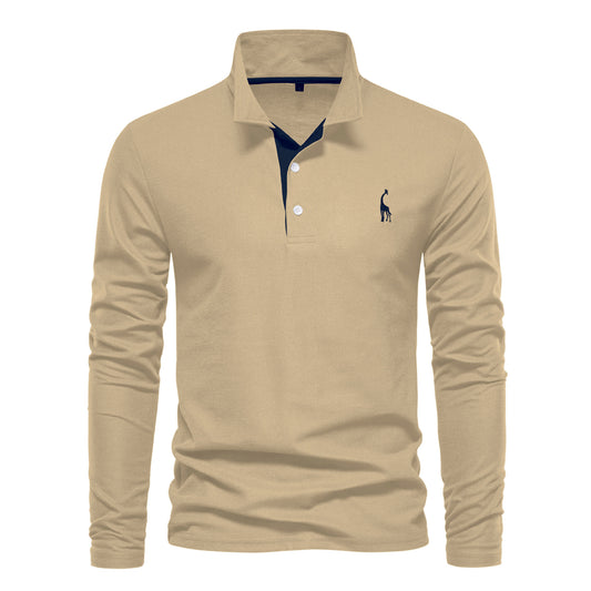 Long Sleeve Polo Collar  shirt Men's Fashion Casual Polo Collar Deer Embroidered Long Sleeve